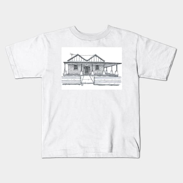 Australian Brick Homestead Old House Pen & Ink Greyscale Black & White Drawing. Kids T-Shirt by NutsnGum